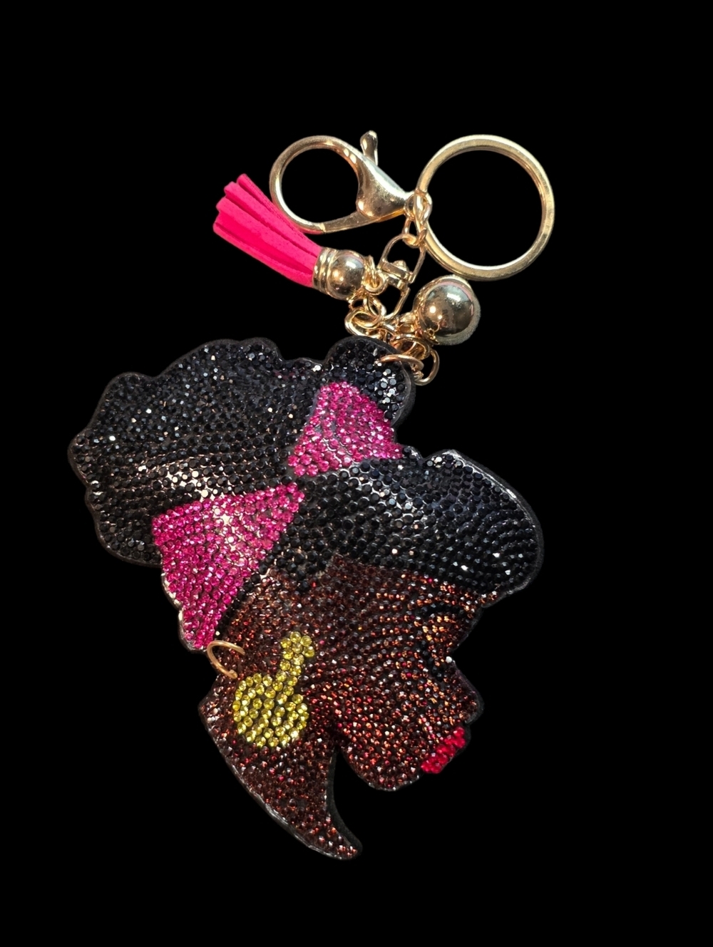 Rhinestone Black Girl Silhouette Keychain with Pink Tassel